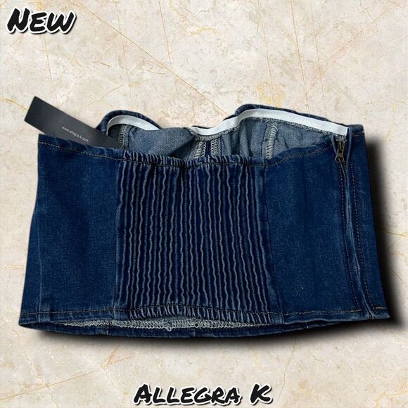 New NWT Allegra K Button Front Strapless Denim Crop Top - Size Small - Picture 7 of 9